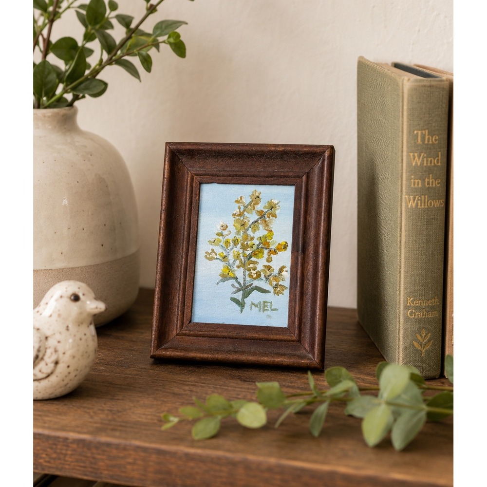 Vintage Signed Miniature Oil Painting Yellow Wildflowers Wood Frame 4x5 MEL